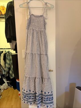 Boho Striped Blue & White Tiered Maxi Dress